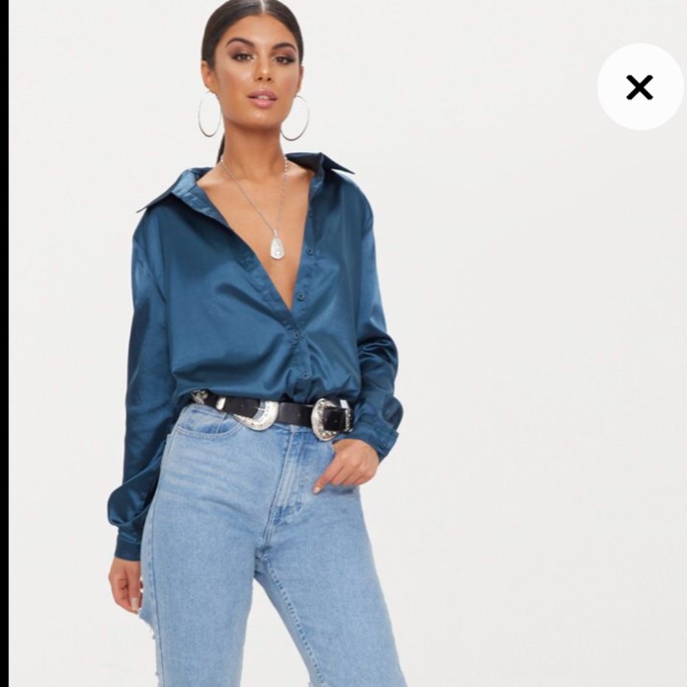PrettyLittleThing Teal Satin Button Front Shirt